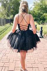 Glitter Black A-Line Tulle Short Homecoming Dress/Mini Dress with Lace