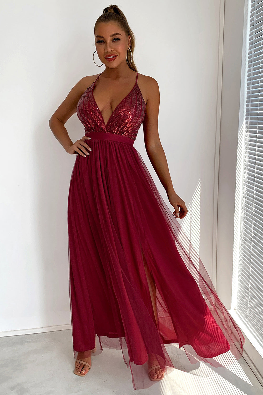 Sequin Party Dress with Green V-neck