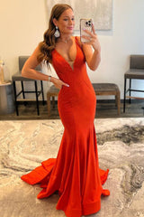 Orange Long Prom Dress with Beading in a Mermaid Deep V Neck