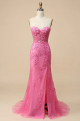 Long Corset Prom Dress in Pink Sweetheart Mermaid Style with Tulle and Appliques