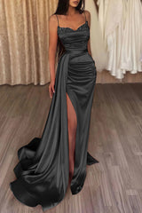 Long Dark Grey Prom Dress with Mermaid Spaghetti Straps and Front Split