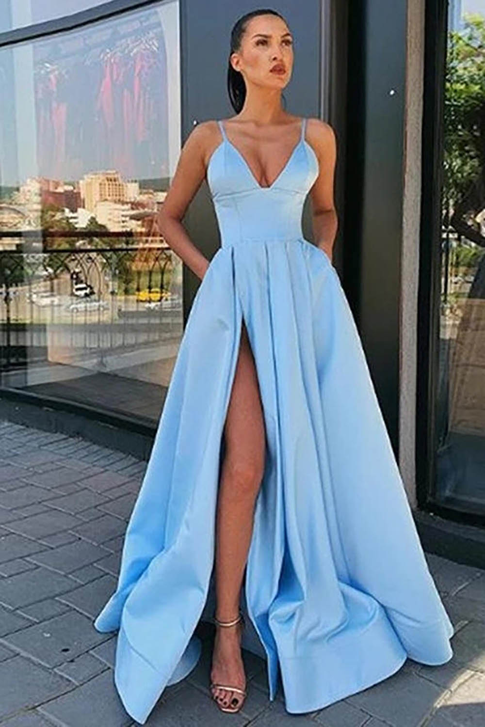 Black Long Prom Dress with Spaghetti Straps and a Slit in A-Line Style