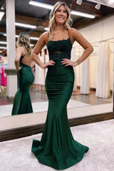 Dark Green Long Prom Dress with Mermaid Spaghetti Straps and Appliques