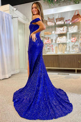 Royal Blue Sequined Mermaid Prom Dress with Slit and Off-Shoulder Design