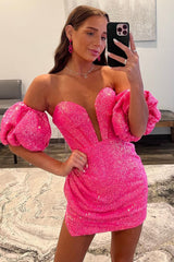 Sparkly Hot Pink Corset Detachable Sleeves Tight Short Homecoming Dress/Mini Dress