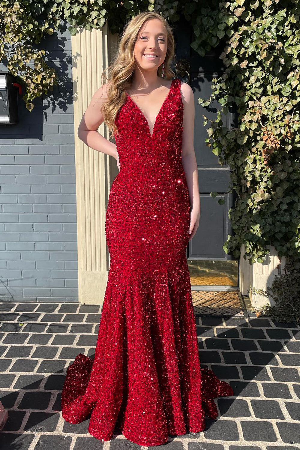 Black Sequined Long Prom Dress with Mermaid Deep V Neckline