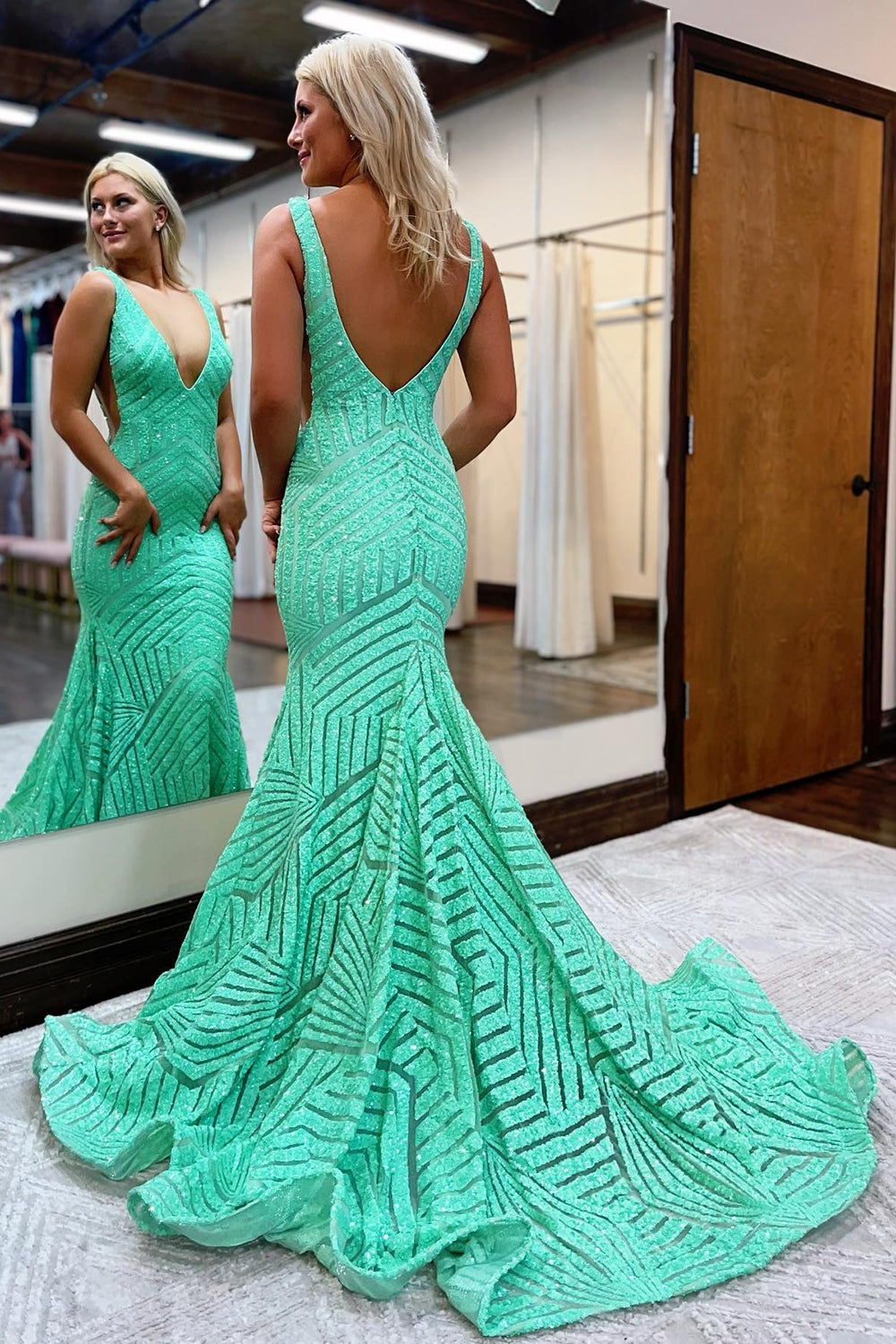 Deep V Neck Sequin Mermaid Prom Dress in Mustard Green