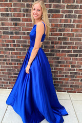 Long Prom Dress with Royal Blue Spaghetti Straps
