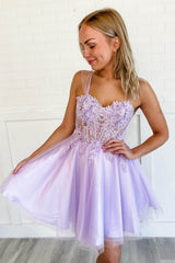 Purple Corset A-Line Tulle Short Flower Homecoming Dress/Mini Dress with Lace