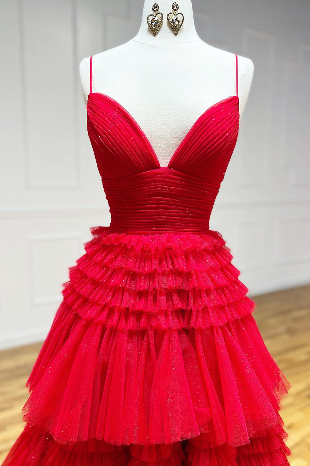 Long Prom Dress with Red Tulle and Spaghetti Straps