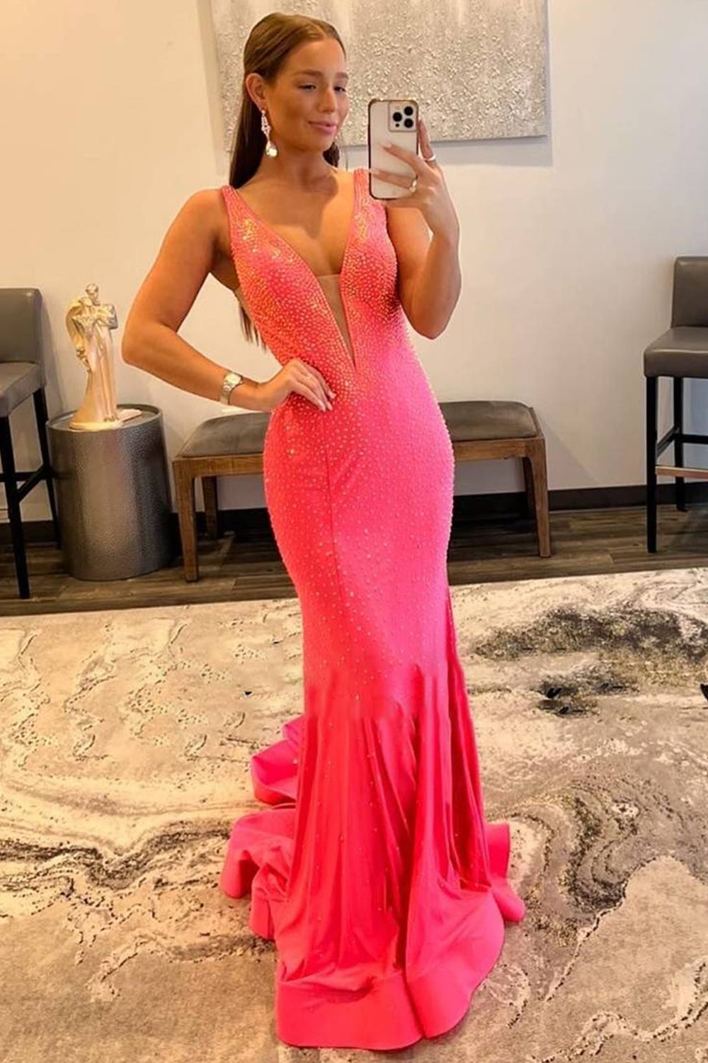 Royal Blue Beaded Long Prom Dress with Mermaid Deep V Neckline