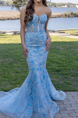 Elegant Blue Mermaid Sweetheart Corset Prom Dress Featuring Embroidery