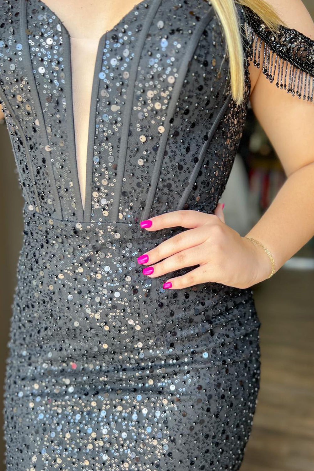 Sparkly Black Beaded Corset Sequins Fringed Tight Homecoming Dress/Mini Dress