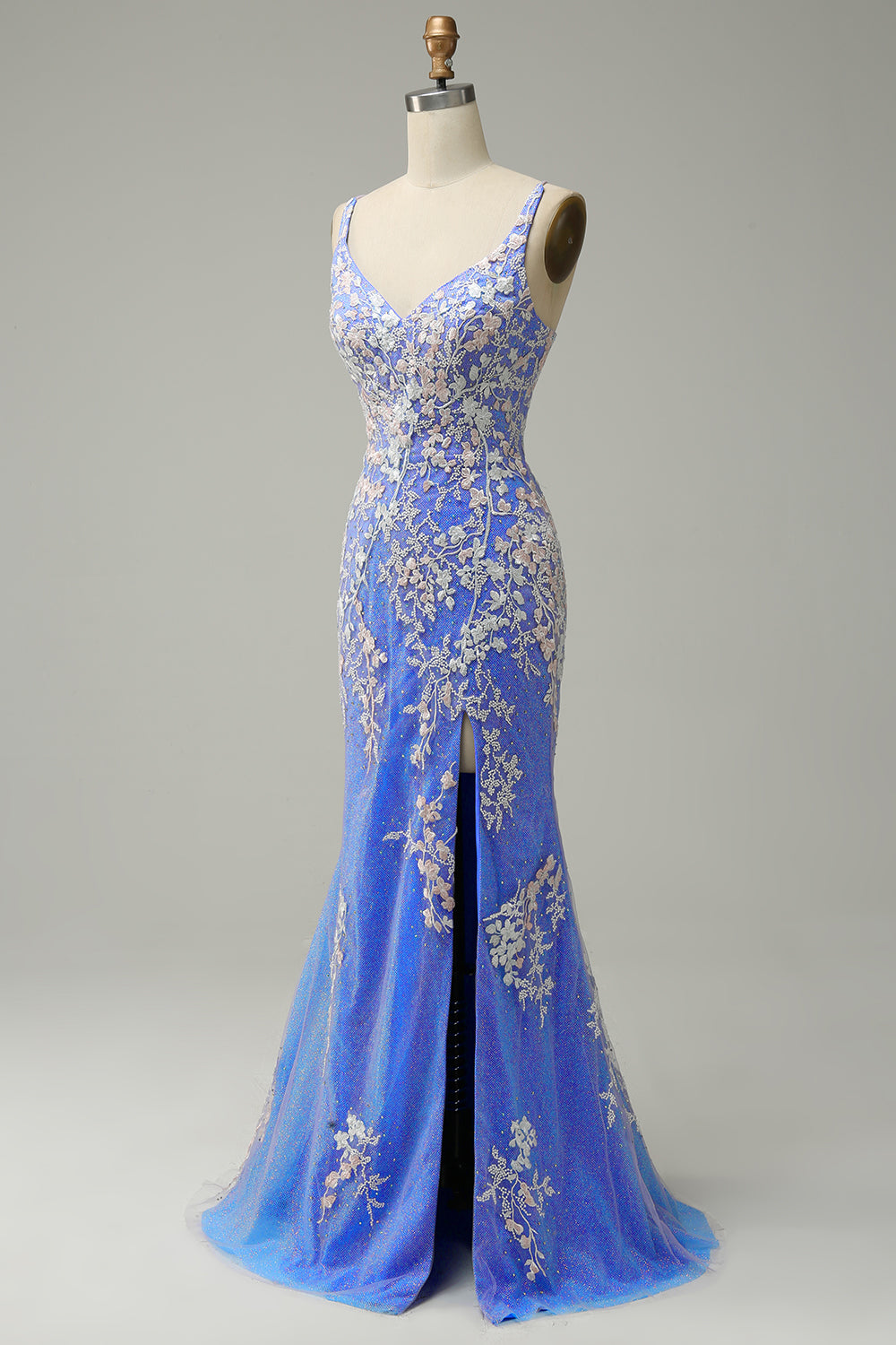 Long Blue Mermaid Prom Dress with Glitter Lace and Slit