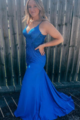 Plus Size Long Prom Dress with Beaded Mermaid Design in Royal Blue