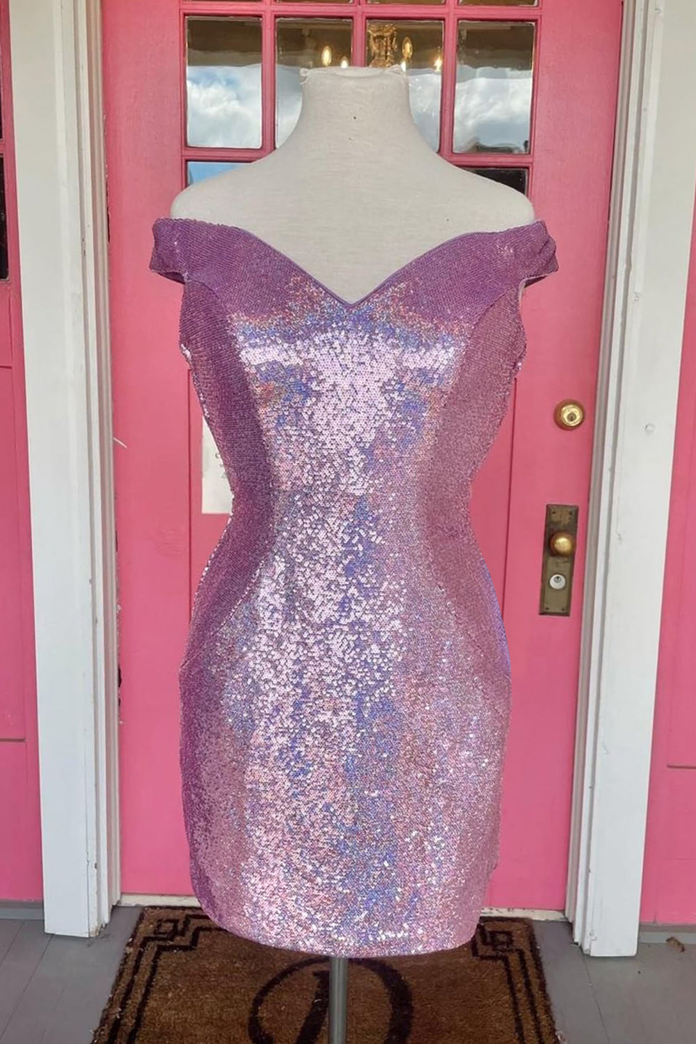 Sparkly Fuchsia Off The Shoulder Tight Short Homecoming Dress/Mini Dress