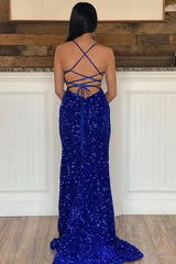 Long Mermaid Prom Dress in Royal Blue with Sparkly Sequins and Slit
