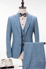 Stylish Blue Linen Peak Lapel Summer Groom and Groomsmen Suits for Wedding