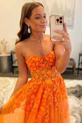 Long Prom Dress in Orange with Sweetheart Neckline and Appliques