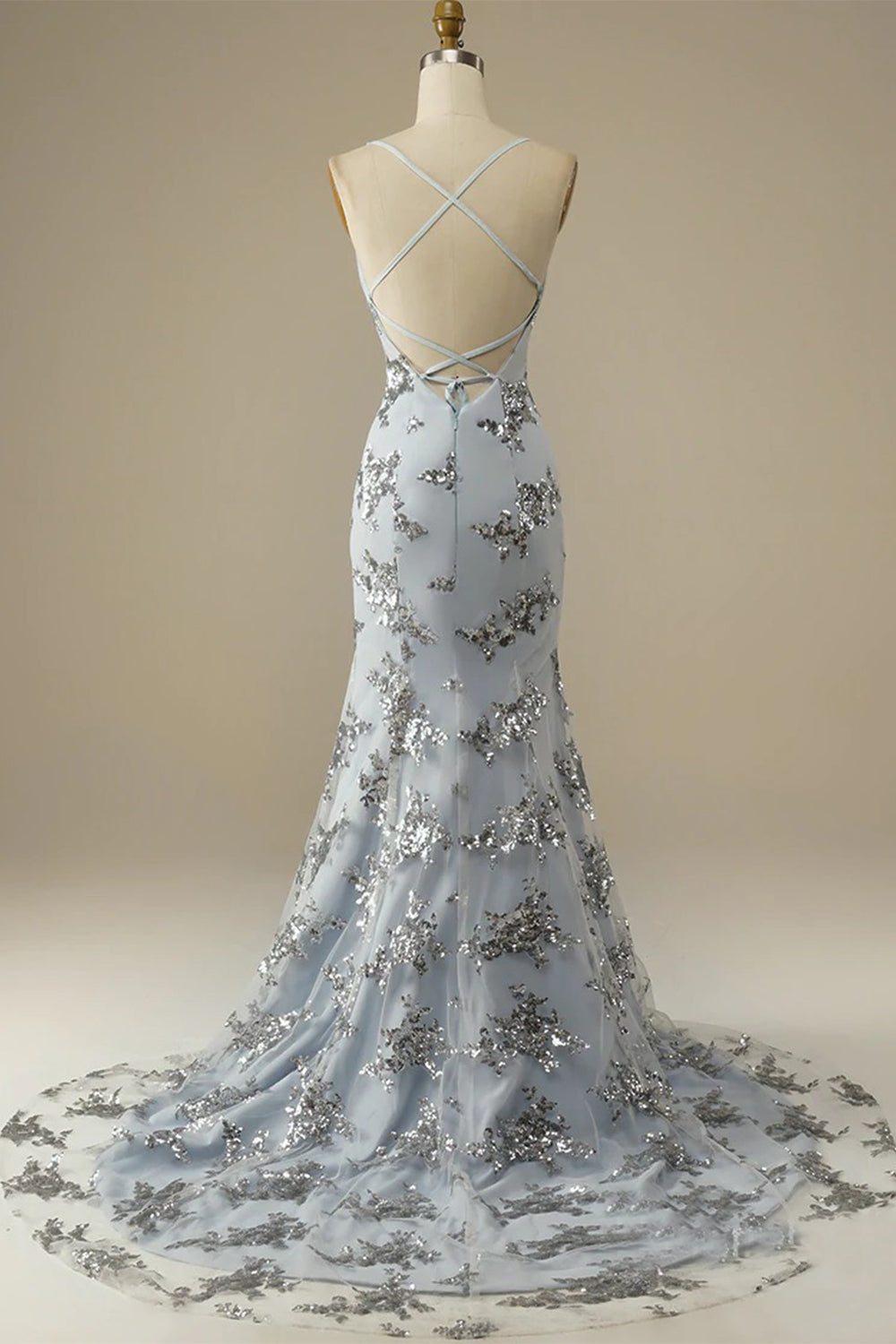 Prom Dress with Spaghetti Straps and Beaded Backless Design