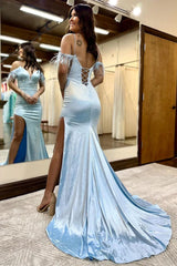 Light Blue Long Mermaid Prom Dress with Criss Cross Back and Off-Shoulder Design