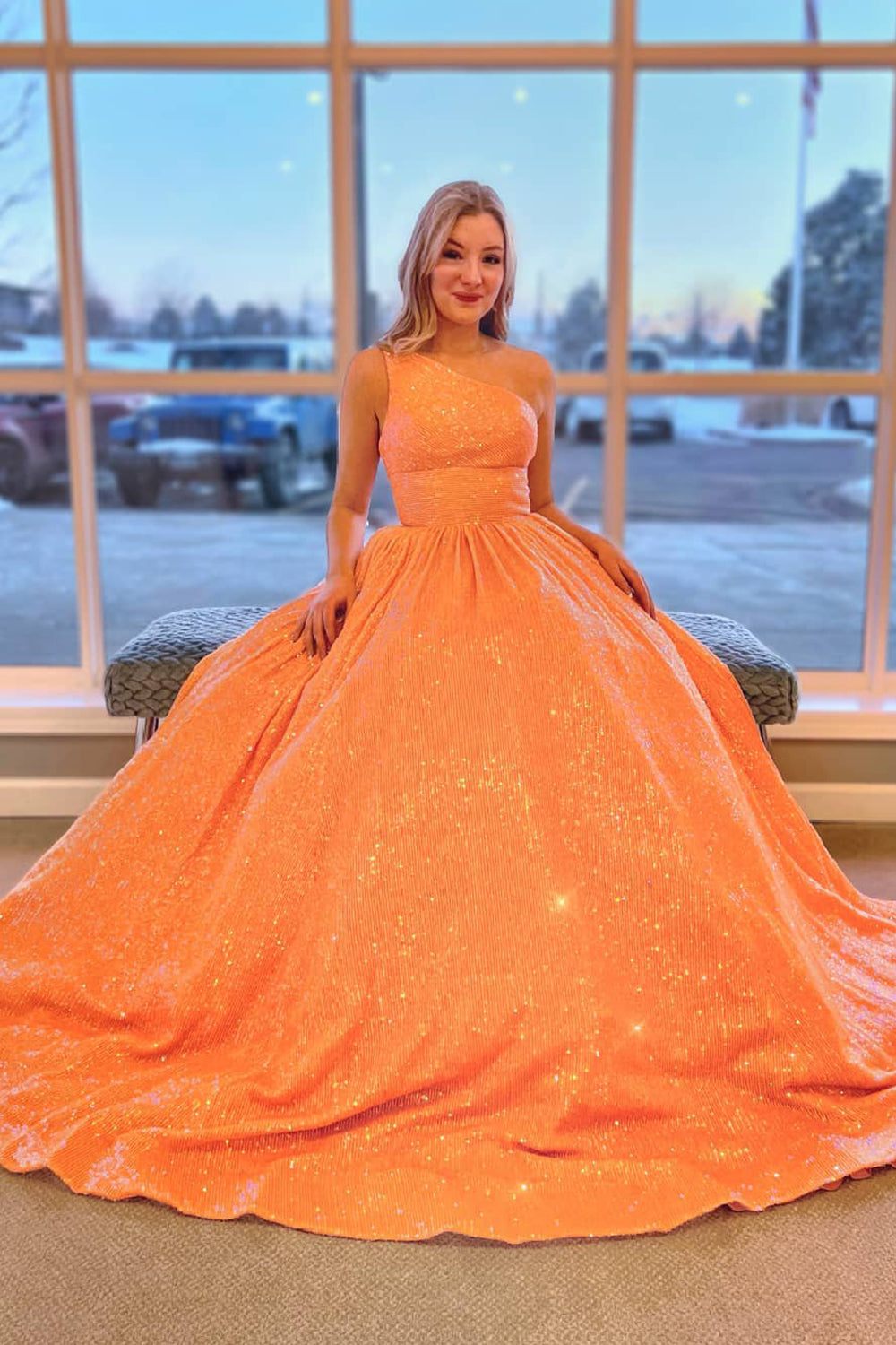 Pink Sparkling One-Shoulder A-Line Sequin Prom Gown