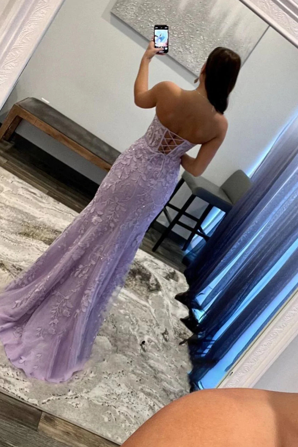 Long Black Sweetheart Corset Prom Dress Featuring Lace and a Slit