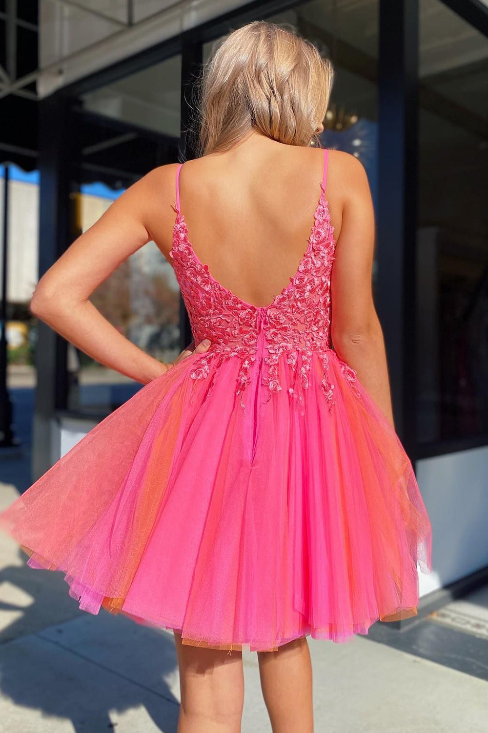 Hot Pink A-Line Tulle Short Homecoming Dress/Mini Dress with Lace