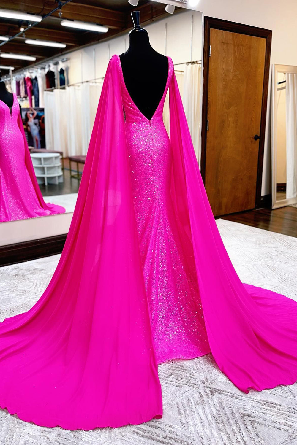 Mermaid Prom Dress in Hot Pink Featuring a Wateau Train