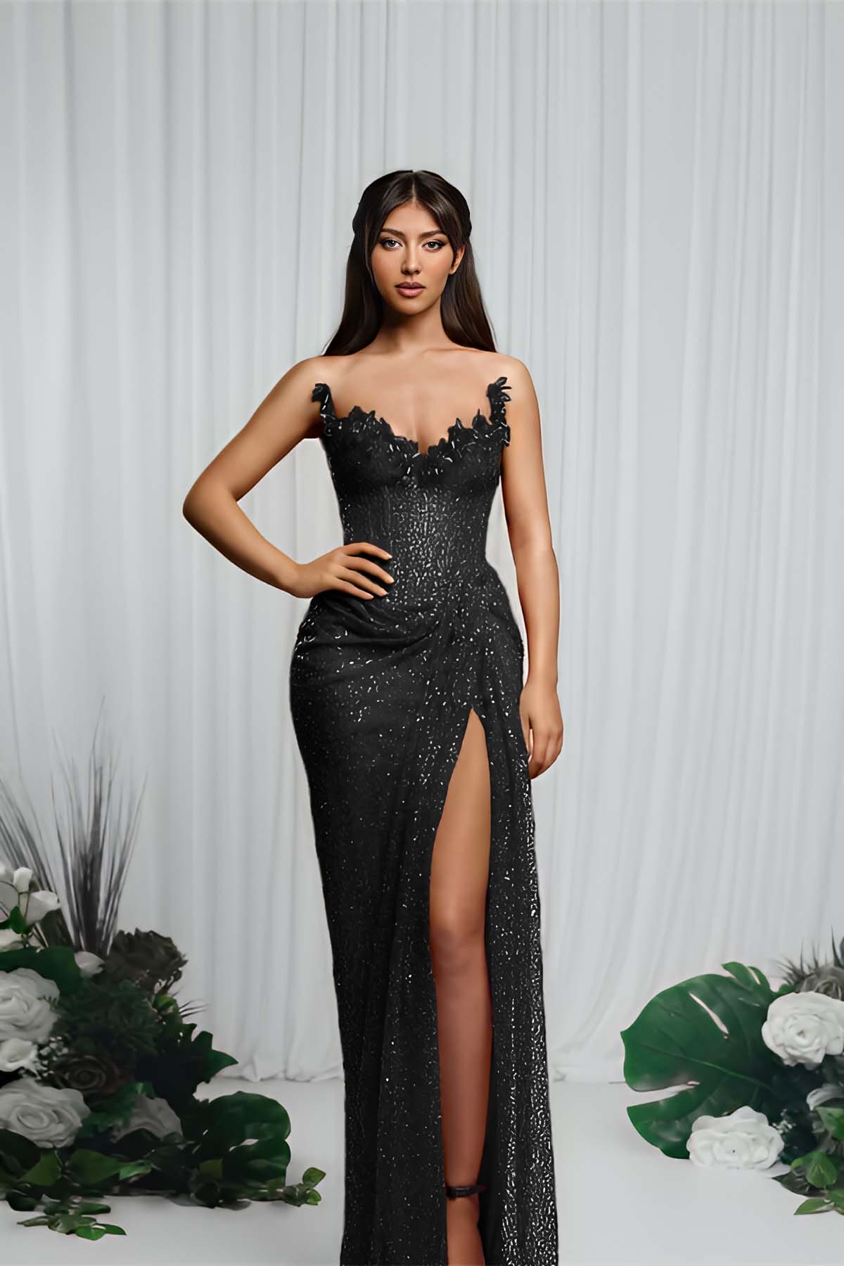 Strapless Sleeveless Mermaid Formal Dress With High Split Pleated
