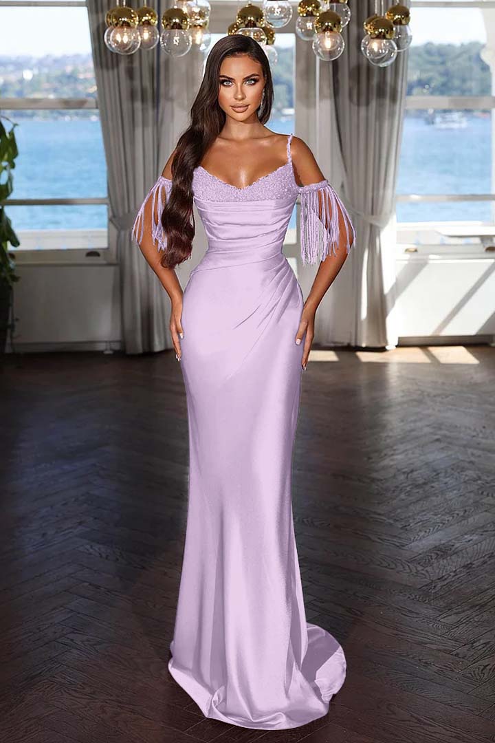 Luxury Hot Pink Spaghetti Strap Mermaid Long Evening Dress With Chic Tassels and Sequins