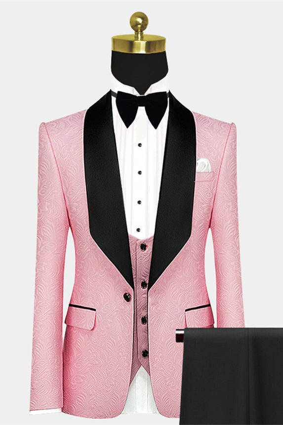 Modern Pink Satin Lapel with Jacquard Morning Suit Wedding in Black