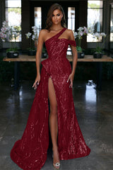 Ocean Blue Off-the-Shoulder Slit Evening Dress With Gorgeous Sequins