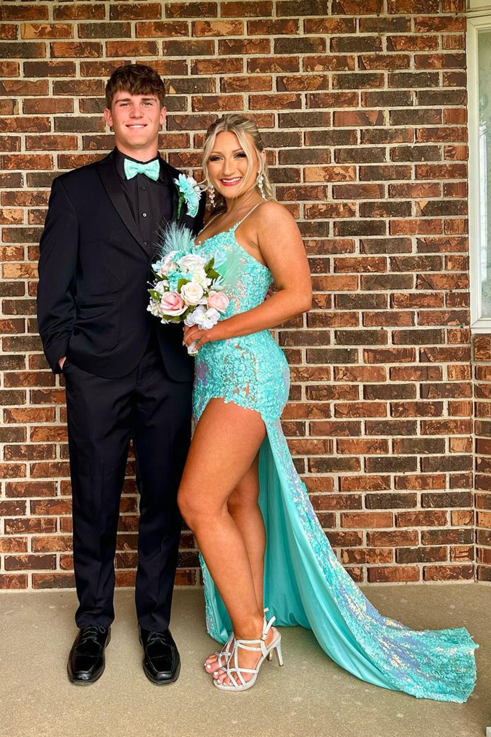 Prom Dress with Purple Spaghetti Straps and Appliques Featuring a Slit