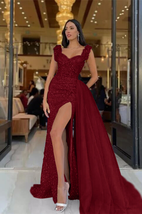 Modern Slit Sky Blue Sweetheart Sequins Straps Mermaid Evening Dress Tulle With Detachable Ruffles