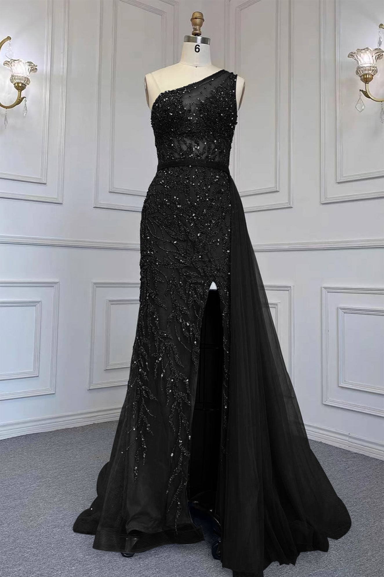 Elegant Beadings One Shoulder Tulle Evening Dress With Slit Rhinestone