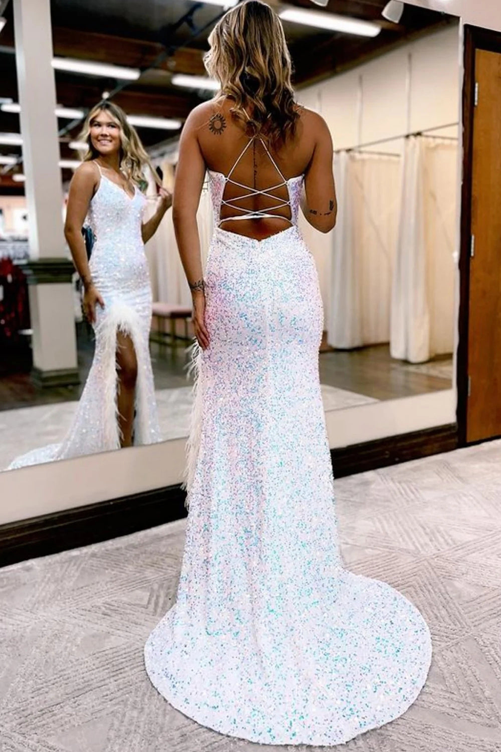 Long Black Sequined Prom Dress with Spaghetti Straps and Front Split