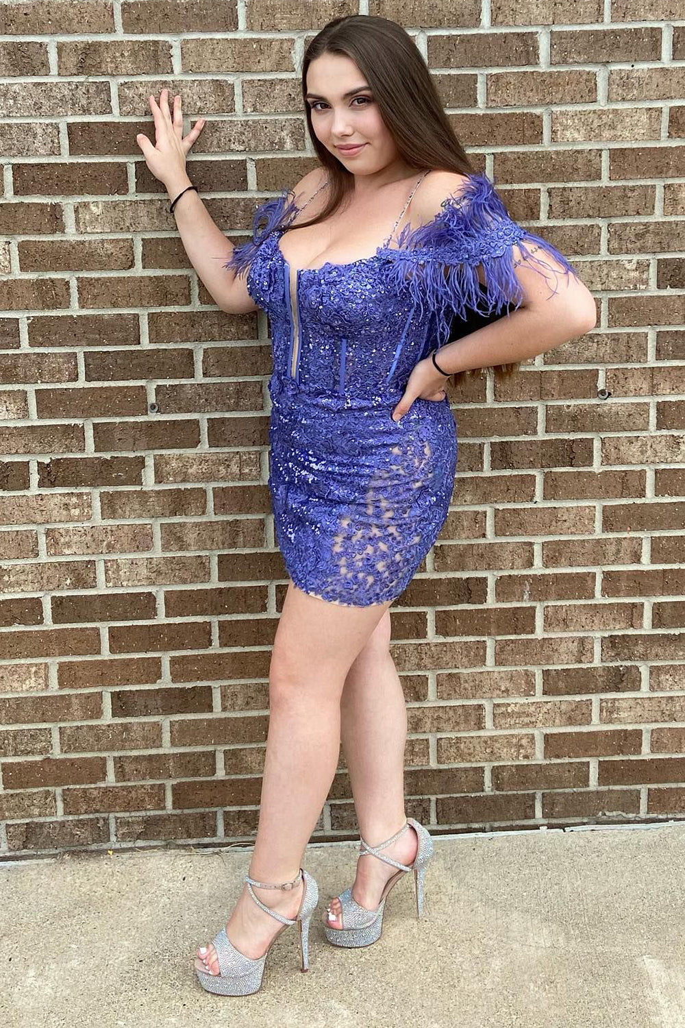 Sparkly Black Lace Tight Short Homecoming Dress/Mini Dress with Feathers