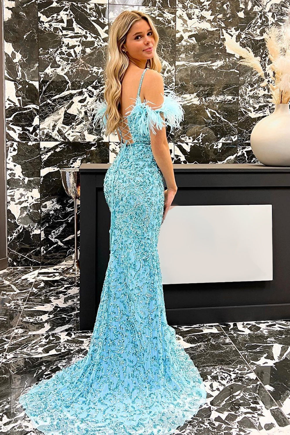 Light Blue Sequined Mermaid Prom Dress with Feathers and Off-Shoulder Design