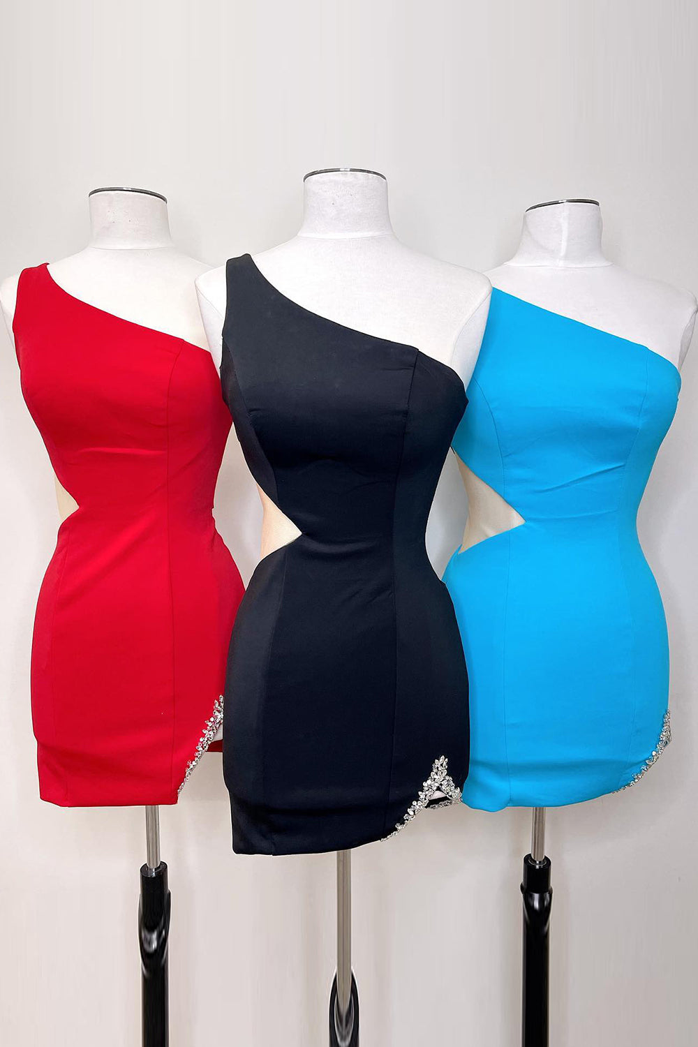 Glitter Black One Shoulder Cut Out Tight Short Homecoming Dress/Mini Dress
