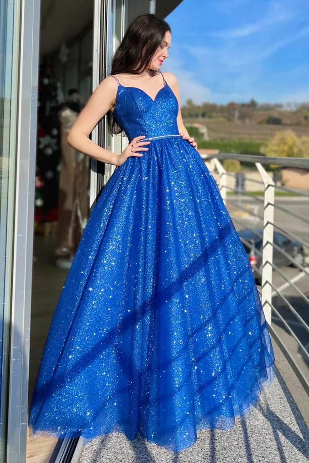 Royal Blue Long Prom Dress with Spaghetti Straps and Beading in an A-Line Cut