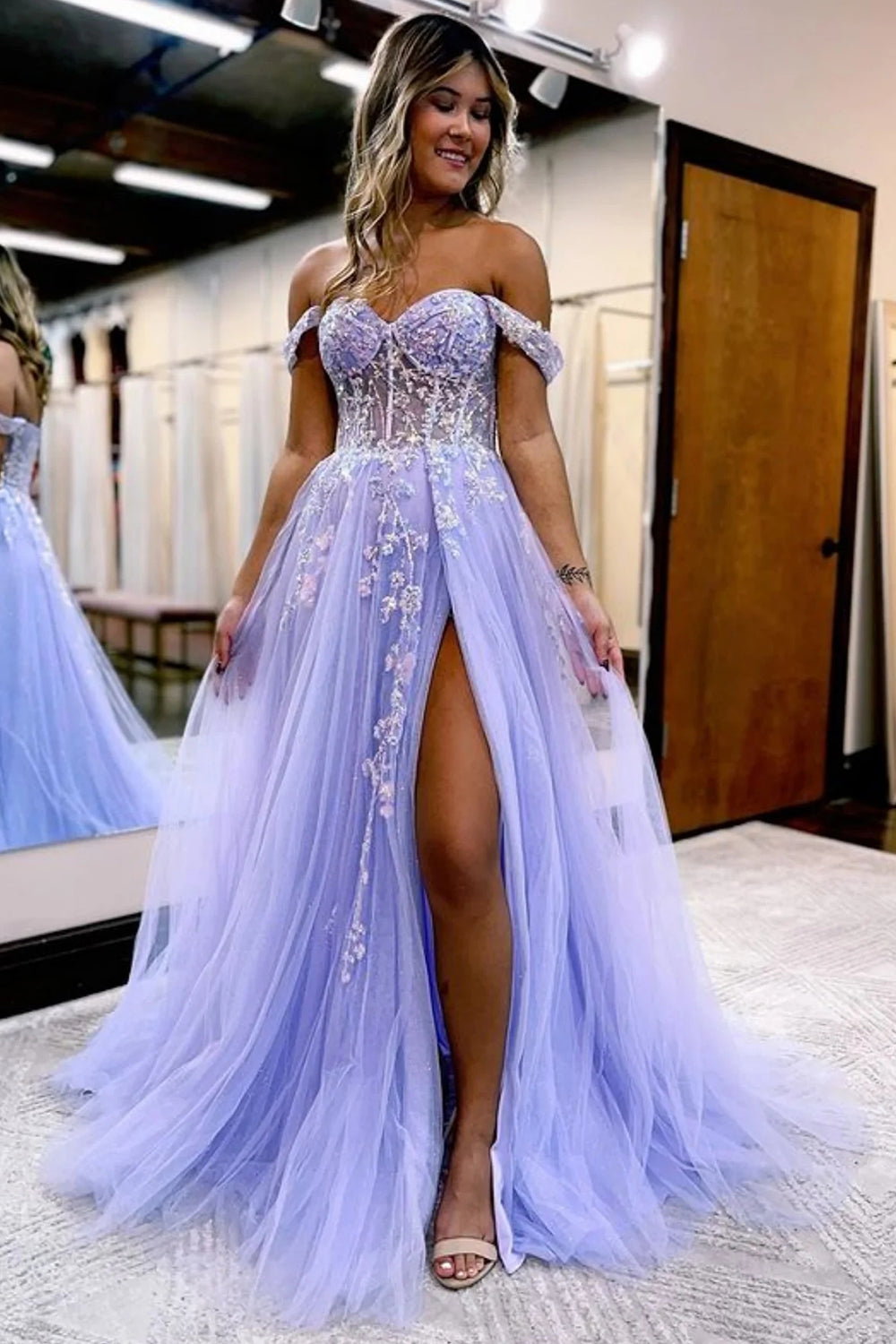Long A-Line Prom Dress with Sparkly Lilac Sequins and Slit Corset