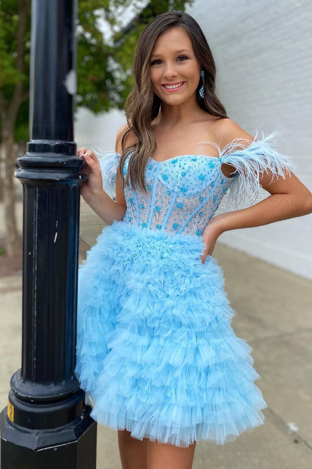Sparkly Purple Corset A-Line Short Homecoming Dress/Mini Dress with Feathers