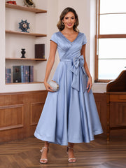 V-Neck A-Line Princess Short Sleeve Ankle-Length Mother of the Bride Dress With Pockets and Ruffles
