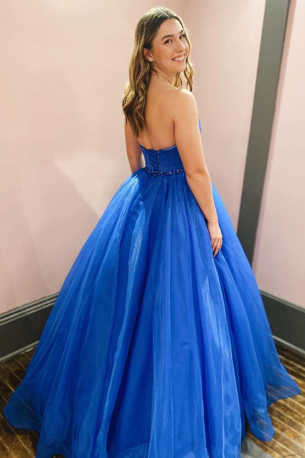 Royal Blue Long A-Line Prom Dress with Sweetheart Neckline Beading and Pockets