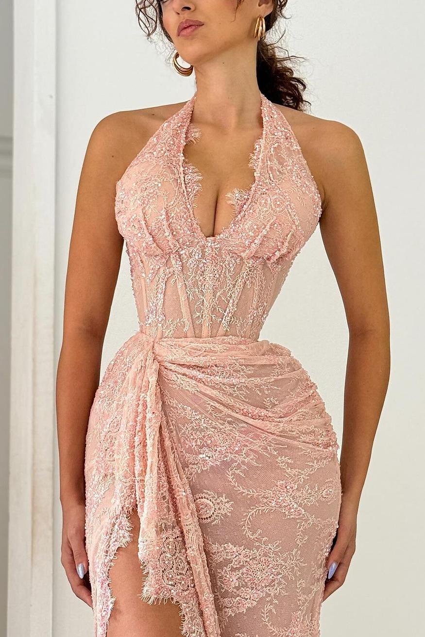 Halter Sleeveless Lace Appliques Pleated Long Formal Dress With Front Split