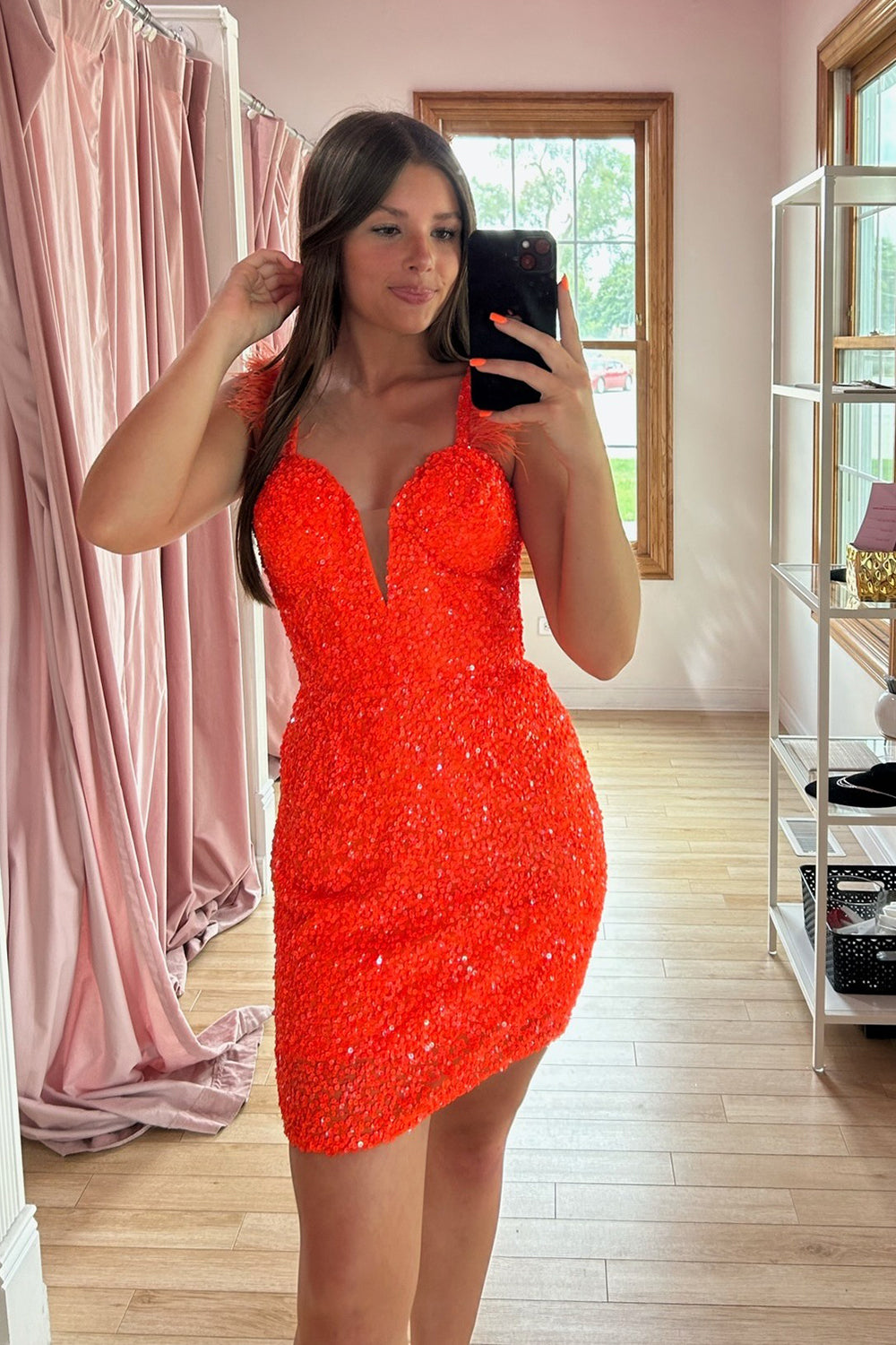 Sparkly Orange Sequins Tight Short Homecoming Dress/Mini Dress with Feathers