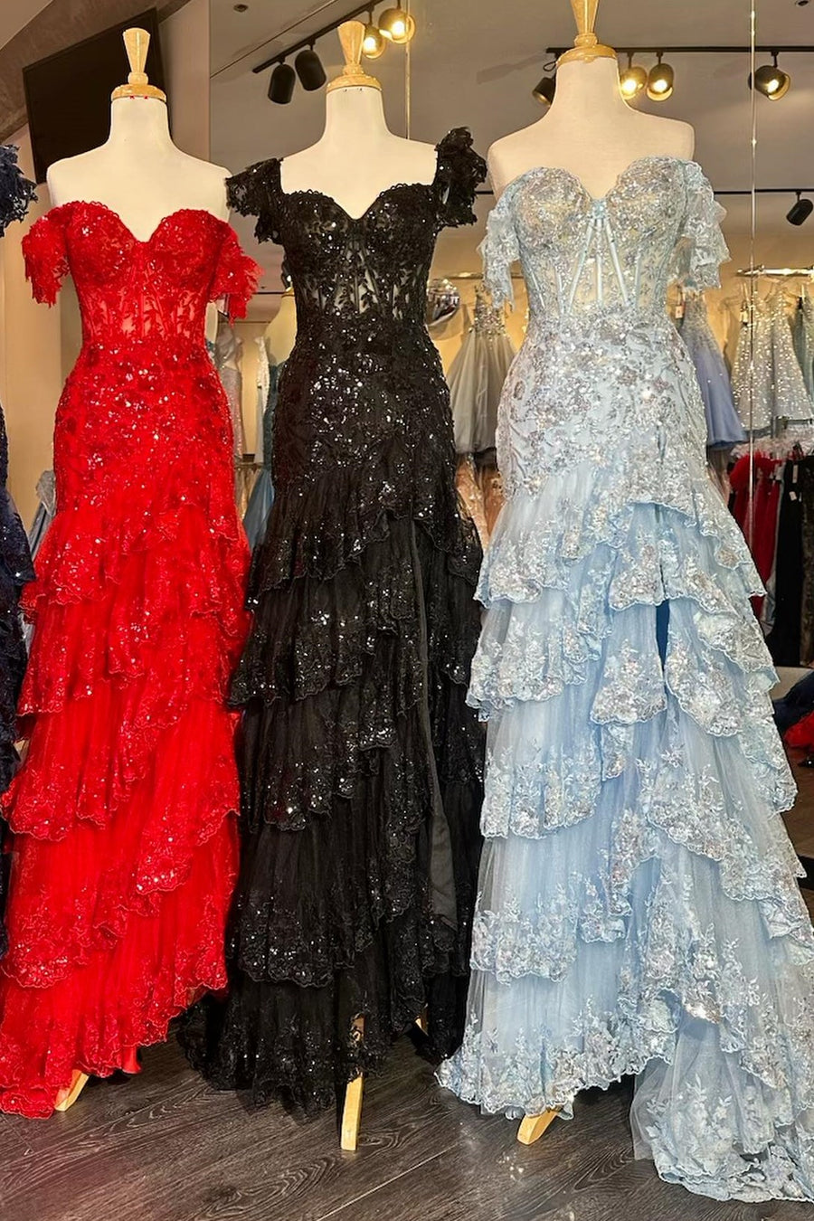Long Red Prom Dress with Lace in an Off-the-Shoulder A-Line Design