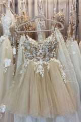 Beige Spaghetti Straps Homecoming Dress/Mini Dress With Appliques