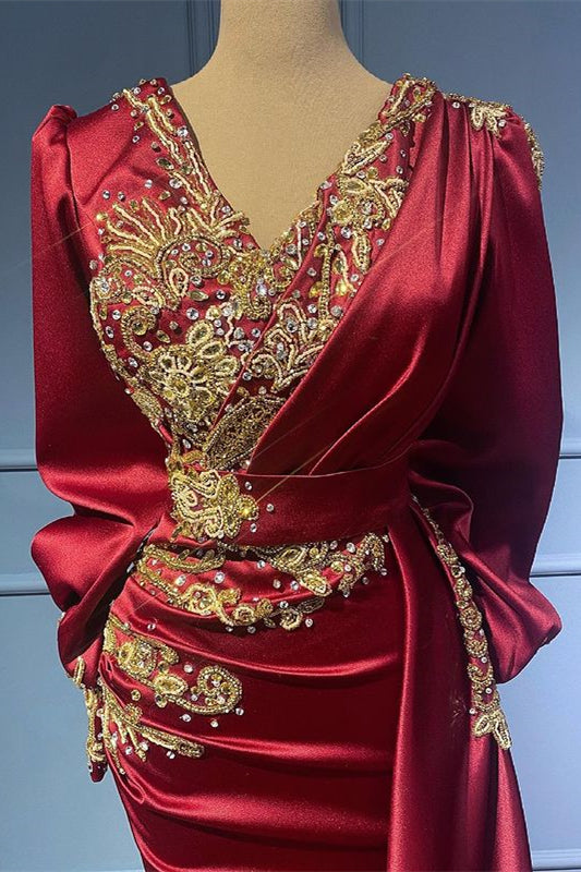 Burgundy Mermaid Long Sleeves Beads Ruffles Evening Dress With Appliques